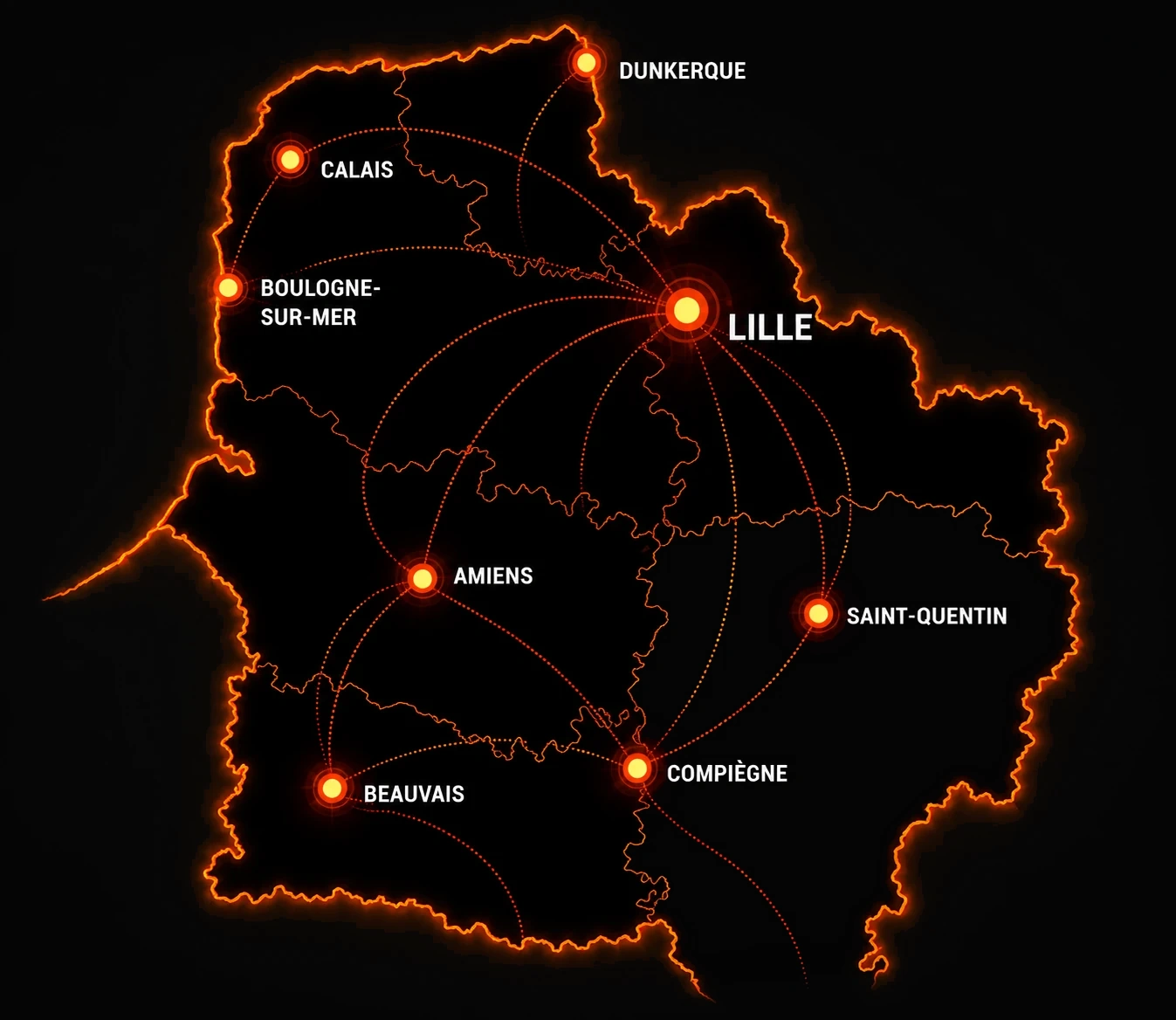 Carte ISARA Radio des Hauts-de-France avec Lille, Dunkerque, Calais, Boulogne-sur-Mer, Amiens, Saint-Quentin, Beauvais et Compiègne